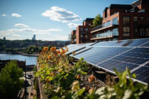 Avantage énergie solaire : des panneaux solaires sont installés en ville, sur le toit d'un immeuble.