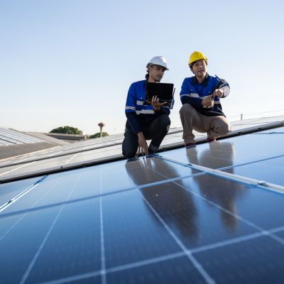 Panneau solaire autoconsommation : des professionnels d'Ensio procèdent à l'installation de panneaux solaires sur un toit.