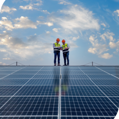 Centrale solaire : deux professionnels Ensio travaillent à l'installation d'une centrale solaire